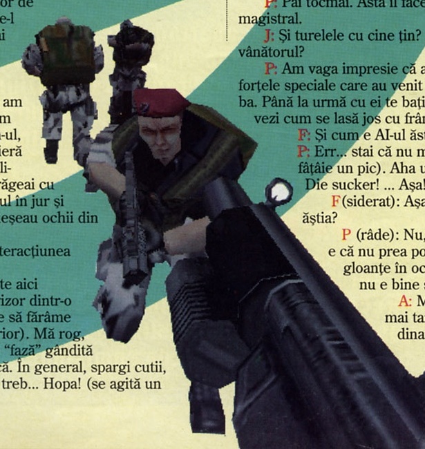 Ilustrație decorativă: doi soldați înarmați (unul cu bască roșie, în prim-plan) coborând în diagonală peste coloanele de text — desen fără chenar dreptunghiular, cu bucăți de text din coloanele vecine vizibile la margini