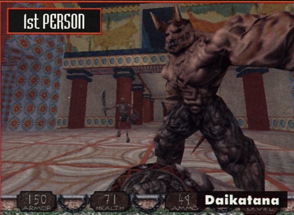 Panou "1st PERSON": captură de ecran Daikatana (demon cornut într-o sală, HUD cu armură/viață/muniție)
