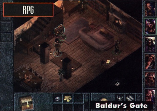 Panou "RPG": captură de ecran Baldur's Gate (vedere izometrică într-o cameră, coloană de portrete de personaje)