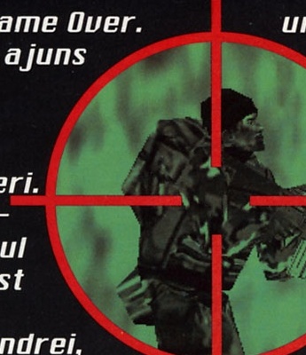 Grafică decorativă: siluetă de soldat printr-un vizor cu cruce roșie (lunetă), în mijlocul introducerii italice roșii