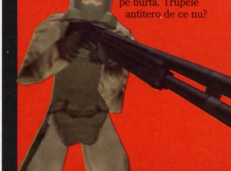 Ilustrație decorativă a unui operator cu pușcă cu țeavă lungă, pe panoul roșu al secțiunii "Rainbow Six 2?"