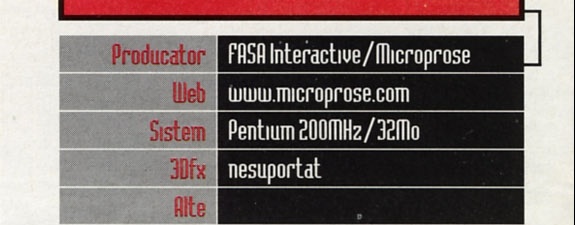 General Info: Producator: FASA Interactive/Microprose · Web: www.microprose.com · Sistem: Pentium 200MHz/32Mo · 3Dfx: nesuportat · Alte: (necompletat)