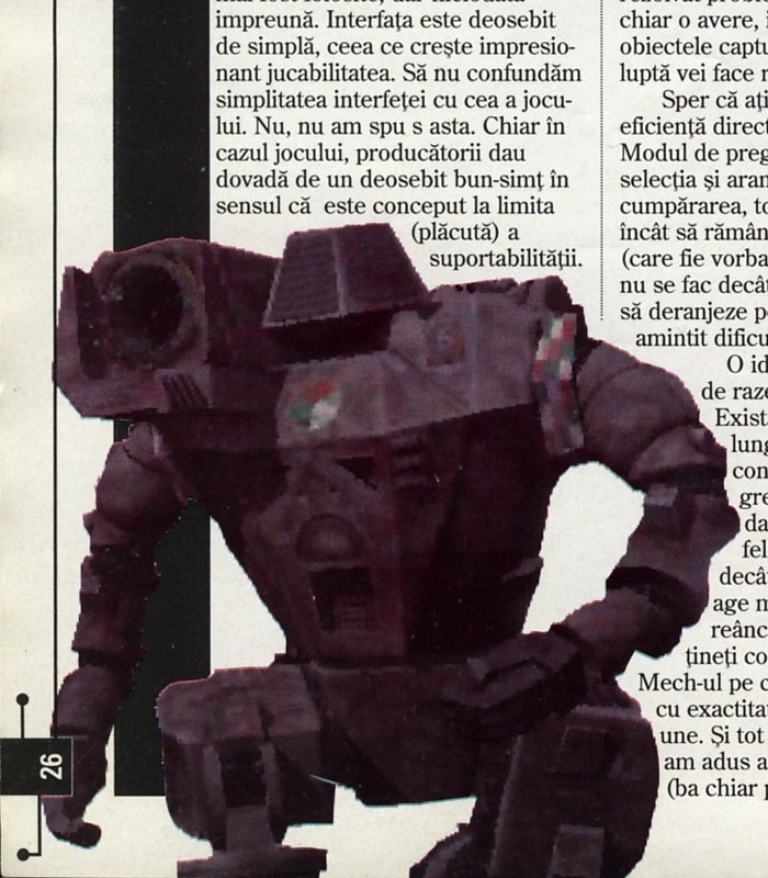 Ilustrație decorativă cu un Mech, în afara textului — încadrare care prinde și puțin din coloana de text învecinată (excepția SPEC 4.3 pentru ilustrații neregulate)