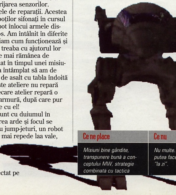 Ilustrație decorativă cu un Mech văzut din spate, cu umbră proiectată — încadrare care prinde și puțin din coloana de text și din chenarul Score Board învecinate (excepția SPEC 4.3 pentru ilustrații neregulate)