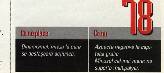 Score Board 78. Ce ne place: Dinamismul, viteza la care se desfășoară acțiunea. Ce nu: Aspecte negative la capitolul grafic. Minusul cel mai mare: nu suportă multipalyer.