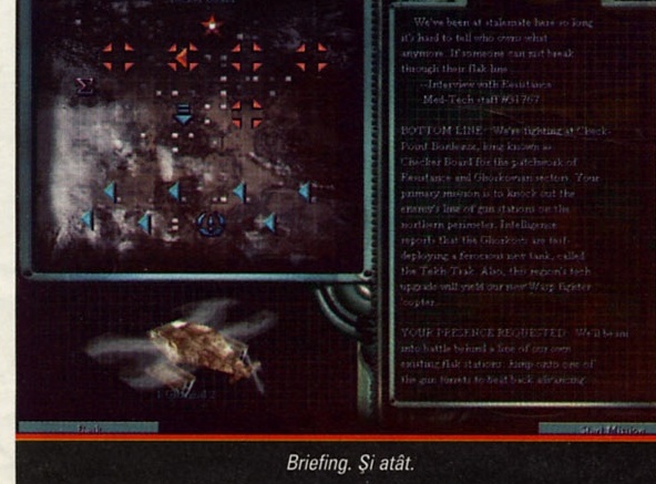 Screenshot: ecranul de briefing al misiunii, cu harta tactică în stânga și textul de brifing în dreapta, plus o ilustrație de navă/insectă în partea de jos. Captiune: "Briefing. Și atât."
