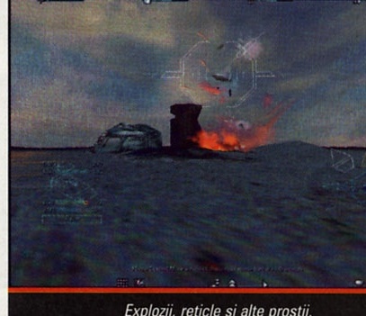 Screenshot: navă/vehicul distrus în flăcări lângă apă, cu reticule și simboluri HUD. Captiune: "Explozii, reticle și alte prostii."