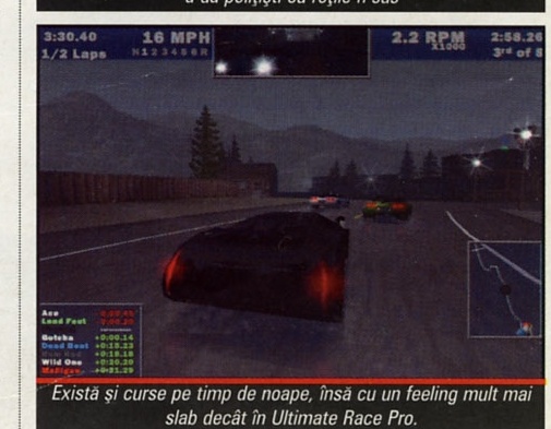 Screenshot: cursă pe timp de noapte, mașini cu faruri aprinse pe un drum de munte luminat slab. Captiune: "Există și curse pe timp de noapte, însă cu un feeling mult mai slab decât în Ultimate Race Pro."