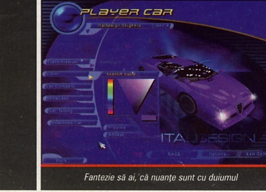 Screenshot: ecranul de personalizare "Player Car" cu selectorul de culoare și mașina Alfa Romeo văzută din 3/4 față. Captiune: "Fantezie să ai, că nuanțe sunt cu duiumul"