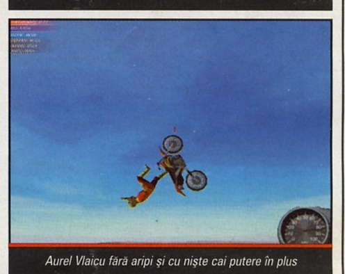Screenshot: pilot căzând răsturnat cu motocicleta pe cer senin. Captiune: "Aurel Vlaicu fără aripi și cu niște cai putere în plus"