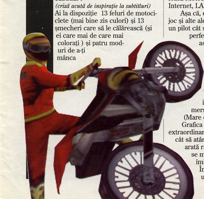 Ilustrație decorativă neregulată colț stânga-jos: motociclist în costum roșu-galben lângă motocicletă, se întinde până la marginea paginii (bleed) și e înconjurată de text pe trei coloane — decupaj conform excepției SPEC §4.3 pas-4 pentru ilustrații neregulate; puțin text de coloană este prins la margini