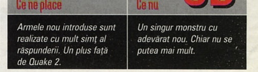 Ce ne place / Ce nu: "Armele noi introduse sunt realizate cu mult simț al răspunderii. Un plus față de Quake 2." / "Un singur monstru cu adevărat nou. Chiar nu se putea mai mult."
