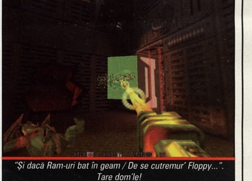 Screenshot: interior al bazei cu o fereastră/afișaj verde și un inamic galben lovit de foc de armă. Captiune: "Și dacă Ram-uri bat în geam / De se cutremur' Floppy...". Tare dom'le!"