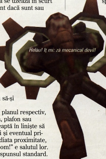 Ilustrație decorativă neregulată: creatură mecanică cu gheare/angrenaje ("mecanical devil"), înconjurată de text pe coloane. Captiune: "Helau! It mi: ză mecanical devil!"