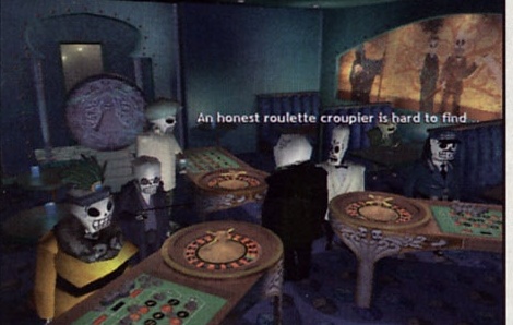 Screenshot: cazinou cu schelete la mesele de ruletă. Captiune (text englez din joc): "An honest roulette croupier is hard to find"