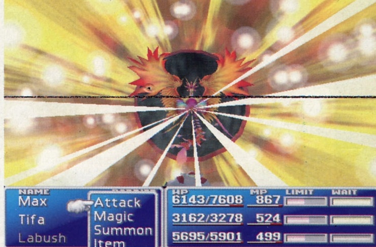 Screenshot Final Fantasy VII: scenă de luptă cu invocare (explozie galben-portocalie), HUD-ul de luptă jos (Max/Tifa/Labush, HP/MP/LIMIT/WAIT)