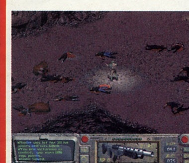Screenshot Fallout: vedere de sus asupra unui câmp de luptă în deșert cu cadavre, HUD-ul jos