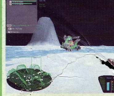 Screenshot Battlezone: vehicul pe o suprafață înghețată, HUD-ul jocului vizibil pe margini