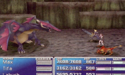 Screenshot Final Fantasy VII (categoria Story): dragon violet și personaje, HUD-ul de luptă jos (Max/Tifa/Labush)