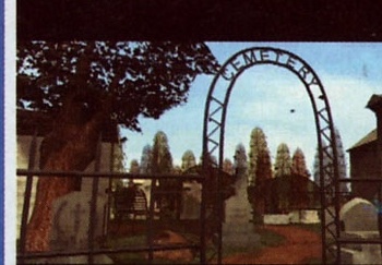 Screenshot Sanitarium: poarta unui cimitir ("CEMETERY") sub cerul serii