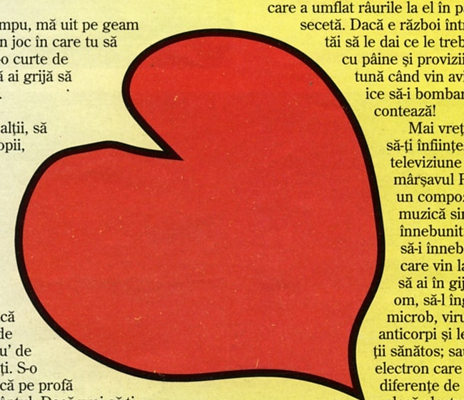 Ilustrație decorativă: o inimă roșie în formă de balon de vorbă, în jurul căreia textul coloanelor se strânge