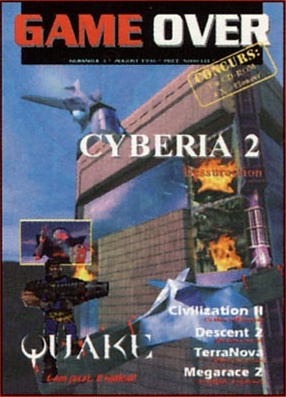 Coperta nr. 3 — „GAME OVER" (linia de casetă cu numărul și prețul este ilizibilă în scan). CYBERIA 2 — Ressurection · QUAKE · Civilization II · Descent 2 · TerraNova · Megarace 2 · ștampila „CONCURS: [...text ilizibil în scan...] CD-ROM"