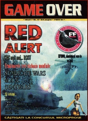 Coperta nr. 5 — „GAME OVER. * Anul I * Nr. 5 * 64 pagini * 7500 lei". RED ALERT · [...text ilizibil în scan...] mult mai... ROȘU · [...text ilizibil în scan...] al 3-lea război mondial: SYNDICATE WARS · M.A.X. · GENEWARS · Și totuși... Tomb Raider · F-22 Lightning II · MechWarrior 2 Mercenaries · [...text ilizibil în scan...] · siglă EF2000 · bandă de subsol: „CÂȘTIGAȚI LA CONCURSUL MICROPROSE"