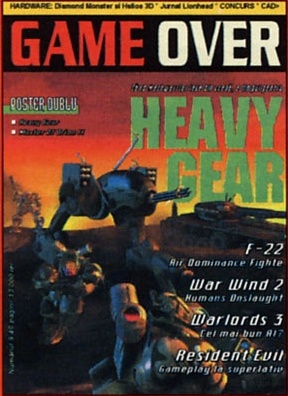 Coperta nr. 9 — bandă de antet: „HARDWARE: Diamond Monster si Helios 3D * Jurnal Lionhead * CONCURS * CAD>". GAME OVER · POSTER DUBLU · HEAVY GEAR · F-22 — Air Dominance Fighte[r] · War Wind 2 — Humans Onslaught · Warlords 3 — Cel mai bun AI? · Resident Evil — Gameplay la superlativ