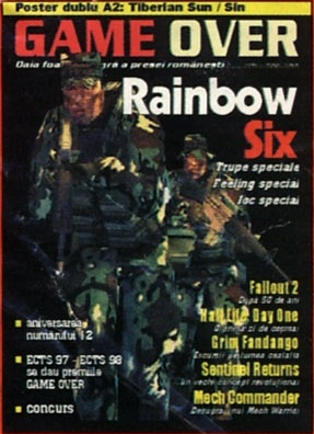 Coperta nr. 12 — coperta numărului de față. Bandă de antet: „Poster dublu A2: Tiberian Sun / Sin". GAME OVER — Oaia foarte neagră a presei românești · Rainbow Six — Trupe speciale / Feeling special / Joc special · Fallout 2 — După 50 de ani · Half Life Day One · Grim Fandango · Sentinel Returns · Mech Commander · în stânga jos: „aniversarea numărului 12" · „ECTS 97 – ECTS 98 se dau premiile GAME OVER" · „concurs"