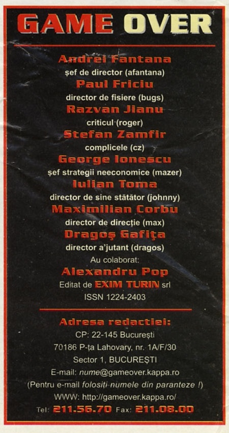 Caseta redacțională GAME OVER: colectivul redacțional cu funcții și porecle, colaboratori, editor, ISSN și adresa redacției