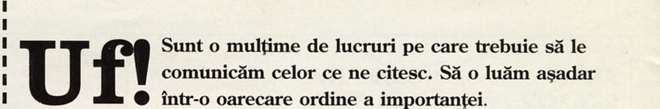 Titlul „Uf!" și textul introductiv al paginii