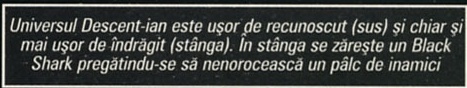 Universul Descent-ian este ușor de recunoscut (sus) și chiar și mai ușor de îndrăgit (stânga). În stânga se zărește un Black Shark pregătindu-se să nenorocească un pâlc de inamici