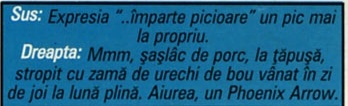 Sus: Expresia "..împarte picioare" un pic mai la propriu. Dreapta: Mmm, șaslâc de porc, la țăpușă, stropit cu zamă de urechi de bou vânat în zi de joi la lună plină. Aiurea, un Phoenix Arrow.
