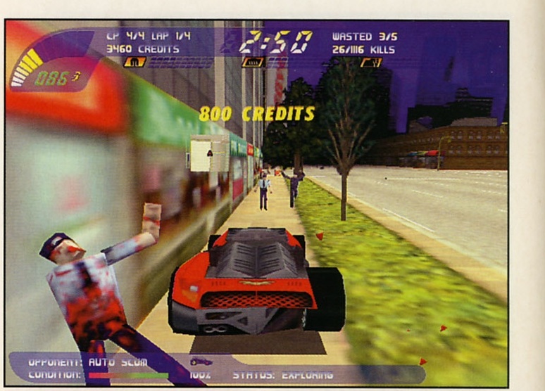 Screenshot: masina rosie loveste un pieton pe strada — "800 CREDITS"