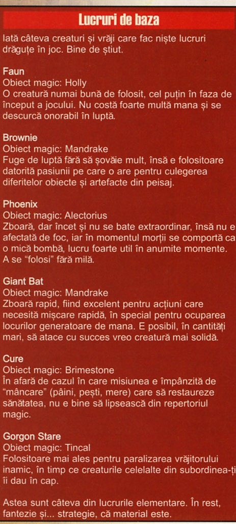 Lucruri de baza — creaturile și vrăjile de bază, cu obiectul magic aferent