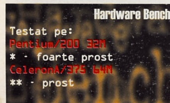 Hardware Bench: Testat pe: Pentium/200 32M · * - foarte prost · CeleronA/375 64M · ** - prost