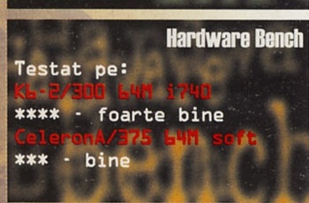 Hardware Bench: Testat pe: K6-2/300 64M i740 — **** - foarte bine · CeleronA/375 64M soft — *** - bine