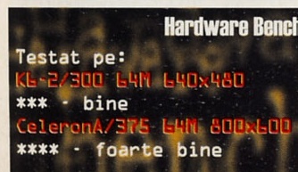 Hardware Bench: Testat pe: K6-2/300 64M 640x480 — *** - bine · CeleronA/375 64M 800x600 — **** - foarte bine