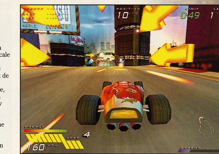 Screenshot principal: cursă în plin oraș futurist, position 10/10, limit 049, lap 1