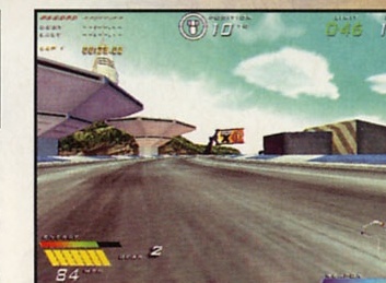 Screenshot: clădire futuristă, position 10, limit 046, lap 1