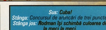 Sus: Cuba! Stânga: Concursul de aruncări de trei puncte. Stânga jos: Rodman își schimbă culoarea de la meci la meci.