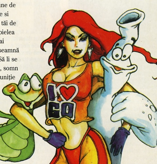 Ilustrație color — o figură feminină alături de mascota GO