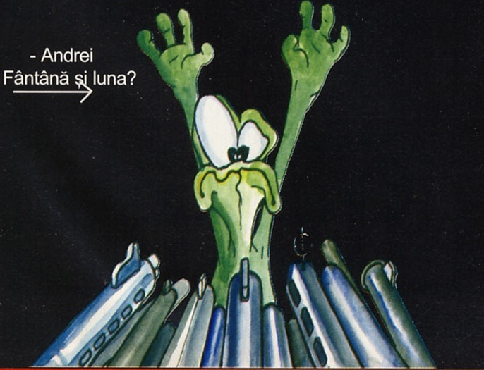 Ilustrația editorialului — extraterestrul ieșind din teancul de reviste