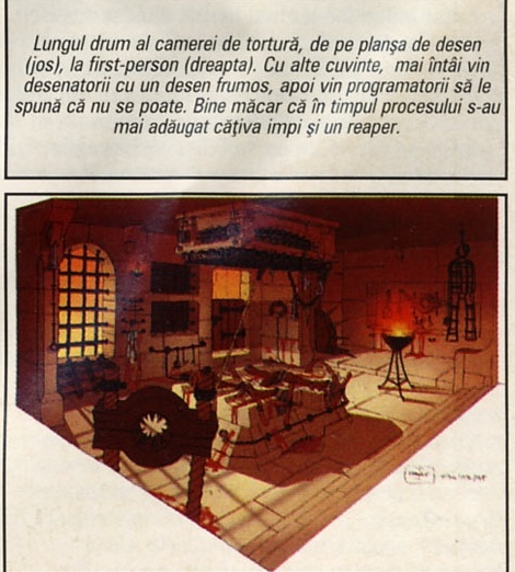 Lungul drum al camerei de tortură, de pe planșa de desen (jos), la first-person (dreapta). Cu alte cuvinte,  mai întâi vin desenatorii cu un desen frumos, apoi vin programatorii să le spună că nu se poate. Bine măcar că în timpul procesului s-au mai adăugat câțiva impi și un reaper.