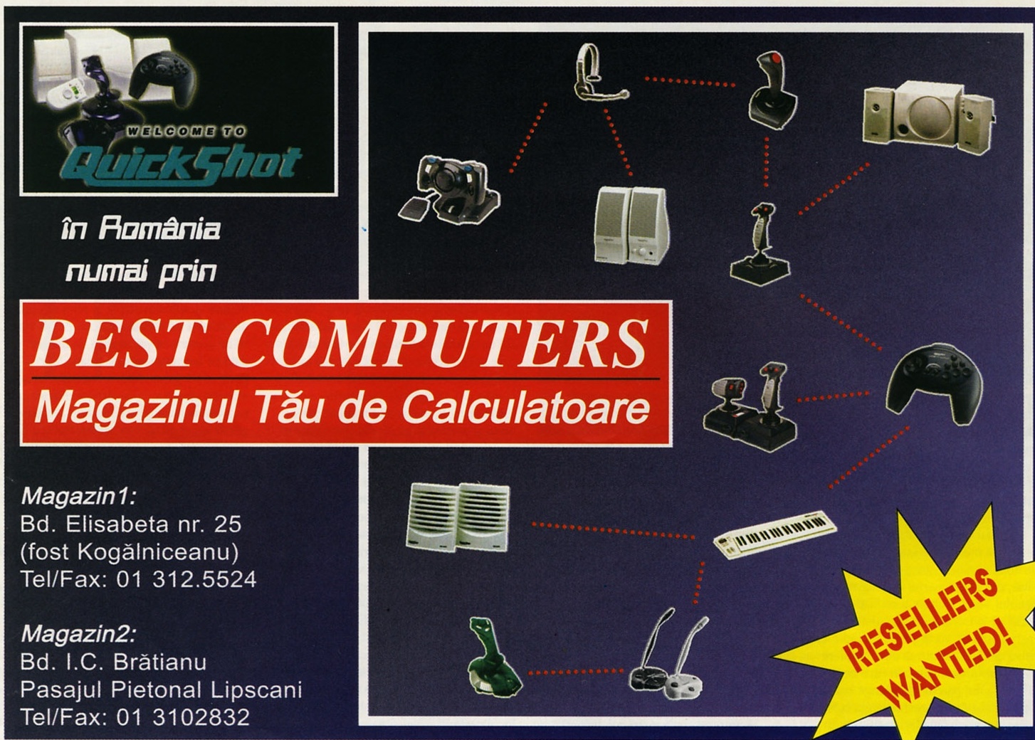 Reclama de o jumătate de pagină tipărită deasupra rubricii: „QuickShot în România numai prin BEST COMPUTERS — Magazinul Tău de Calculatoare", cu Magazin1 pe Bd. Elisabeta nr. 25 (fost Kogălniceanu) și Magazin2 în Pasajul Pietonal Lipscani, plus o stea galbenă „RESELLIERS WANTED!"