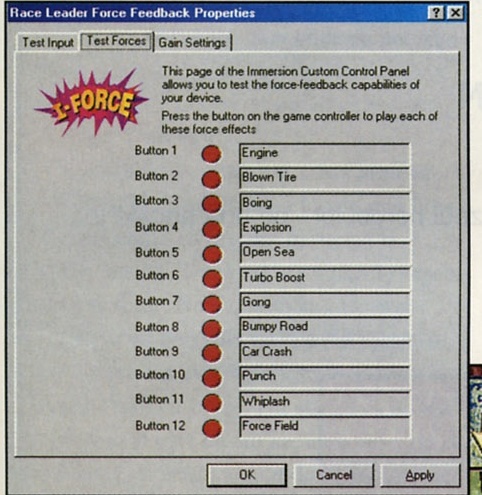 Meniul de test al forcefeedback-ului