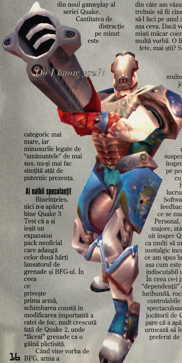 Decupaj cu un personaj din Quake III; peste imagine e scris "Do I know you?!"