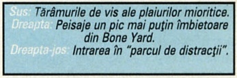 Sus: Tărâmurile de vis ale plaiurilor mioritice. Dreapta: Peisaje un pic mai puțin îmbietoare din Bone Yard. Dreapta-jos: Intrarea în "parcul de distracții".