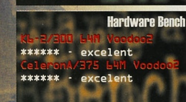Actua Ice Hockey 2 — Hardware Bench: K6-2/300 64M Voodoo2 ****** - excelent · CeleronA/375 64M Voodoo2 ****** - excelent