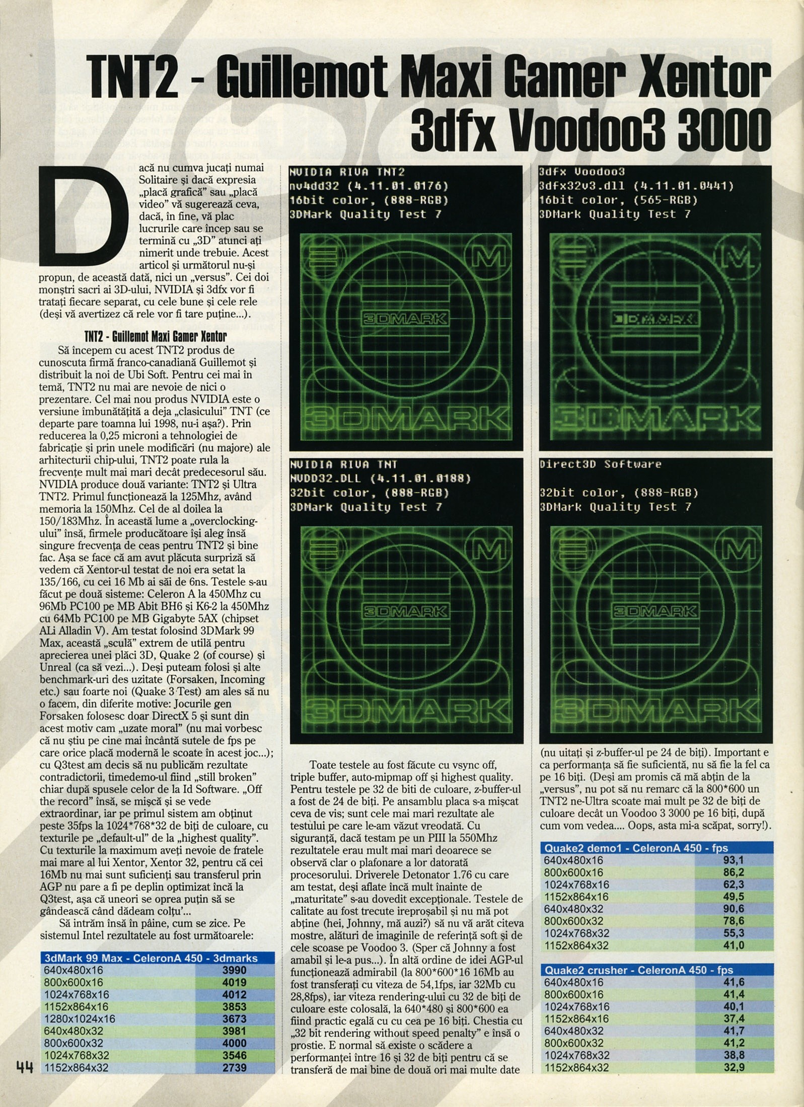 Nr. 6 (16), Iulie-August 1999, pagina 46 — TNT2 Guillemot Maxi Gamer Xentor vs. 3dfx Voodoo3 3000